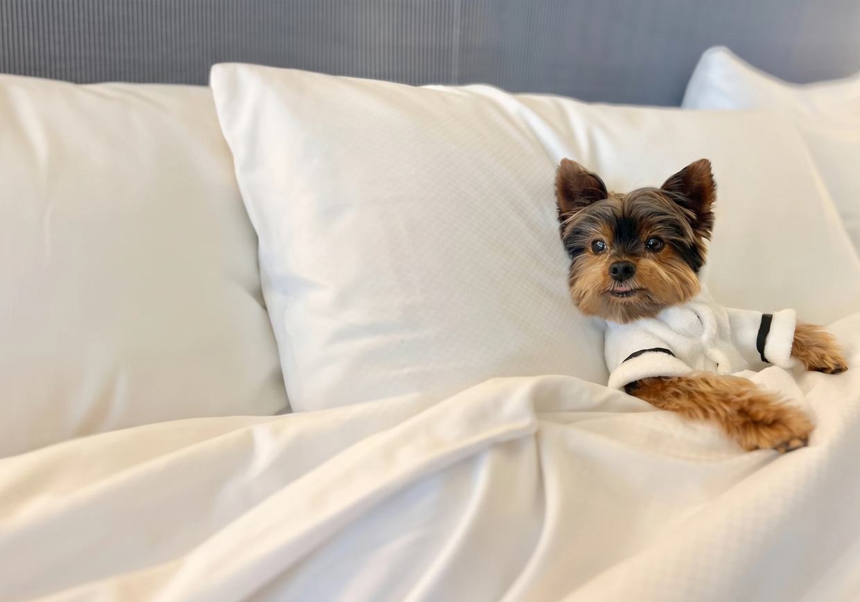 A dog tucked into bed at InterContinental Miami, Hotel of the Year 2026